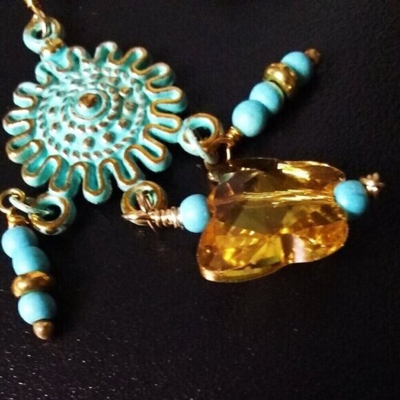 Upbeat! Boho! Playful Butterfly Chandelier Earrings! Yellow + Aqua + Turquoise - Picture 6 of 8